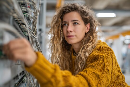 Woman engineer working with server rack cables