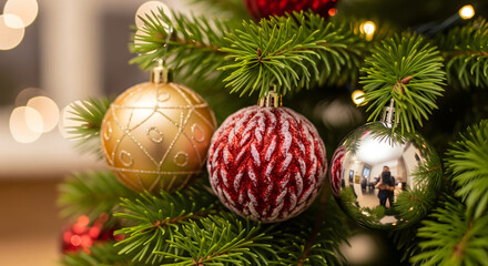 Close-up of Ornaments on a Christmas Tree Branch