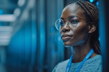 Black woman it professional looking confident in data center