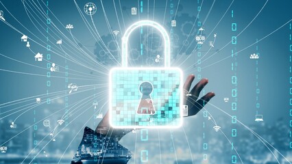 A conceptual image showcasing a hand holding a glowing digital lock symbol, representing advanced security measures in the realms of connectivity and data protection. Xenic