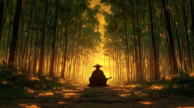 Warrior silhouette meditating in bamboo forest path during dramatic golden sunset light