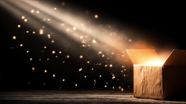 An open cardboard box emits bright light and glowing particles in a dark room