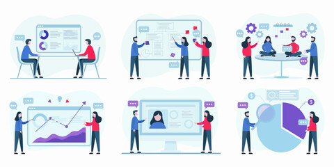  illustration set showing business professionals collaborating on analytics, strategy, project planning. four color variations.
