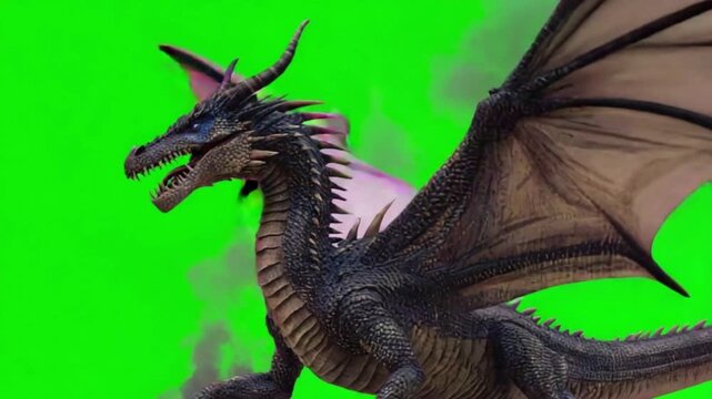 A menacing dragon with large wings and sharp teeth in front of a green screen backdrop design element green screen dragon video