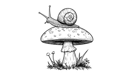 A hand-drawn snail rests atop a spotted mushroom in a whimsical garden setting with tufts of grass