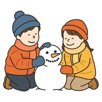 雪だるまを作る子供達のイラスト illustration of children building snowman