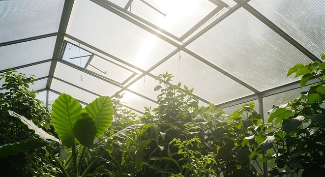 Lush Greenhouse Interior with Sunlight and Thriving Plants.