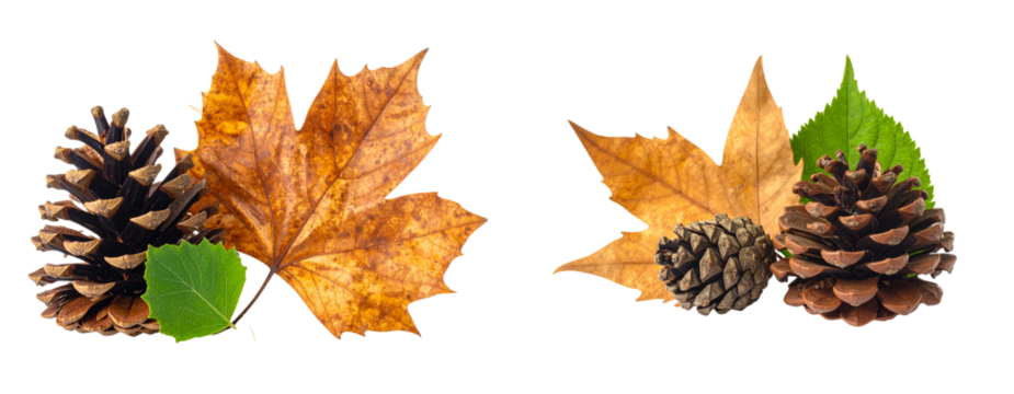 Pinecone and Leaf Combo Pair, isolated on transparent background 