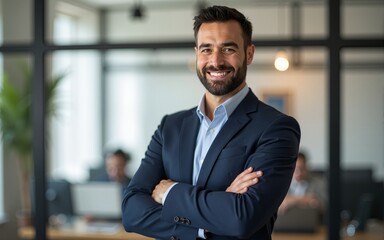 Portrait, vision and arms crossed with a business man in his office, looking happy about his company growth. Mission, mindset and confidence with a senior male corporate manager standing at work