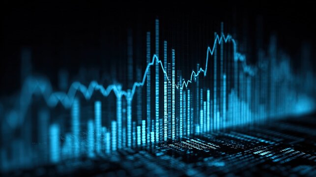Abstract blue financial chart showing stock market trend fluctuations and digital data analysis.