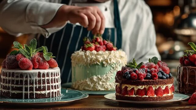 A baker meticulously decorates decadent cakes with fresh berries & mint leaves
