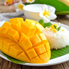 A plate of Thai mango sticky rice with a bright yellow mango and white sticky rice on a banana leaf