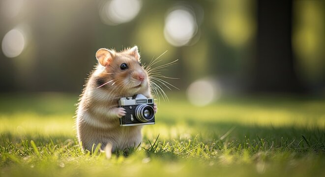 Adorable hamster holding a vintage camera in a sunny green field photography