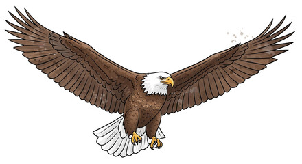 Obraz premium Majestic bald eagle soars powerfully with wings spread wide, embodying freedom and strength in a dynamic flight motion.