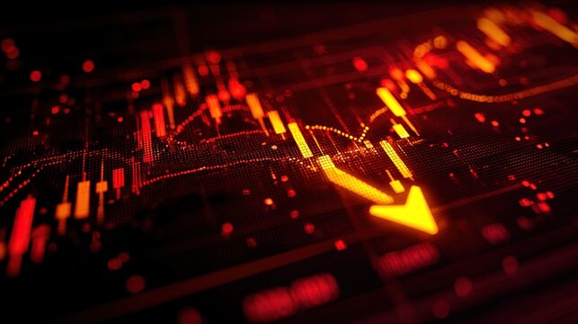 Financial market downturn digital display with red candlestick chart and downward arrow.