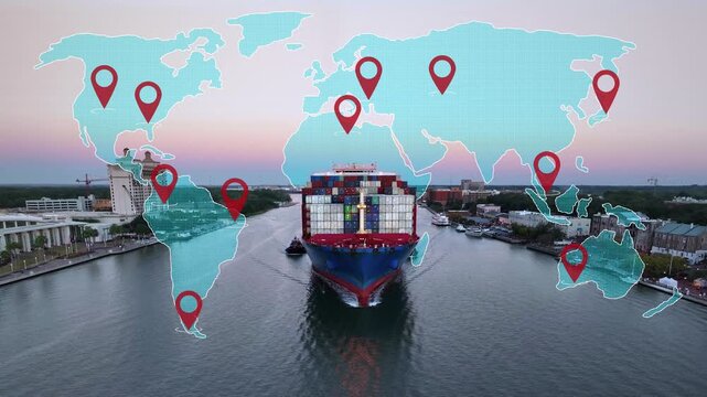 A cargo ship sails on the Savannah River with an animated world map overlay and location pins highlighting global shipping connections and routes.
