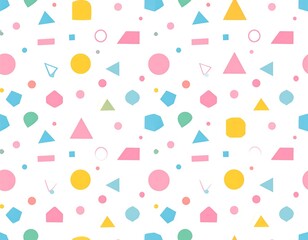 A playful pattern of geometric shapes in pastel colors, scattered on a clean white background