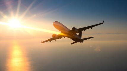 A Dramatic Aerial Photograph of a Commercial Airplane Ascending into the Sun