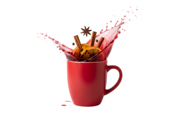 a dash of mulled wine, pouring into a red mug filled with cinnamon, cloves, dried orange, and anise against a plain white background

