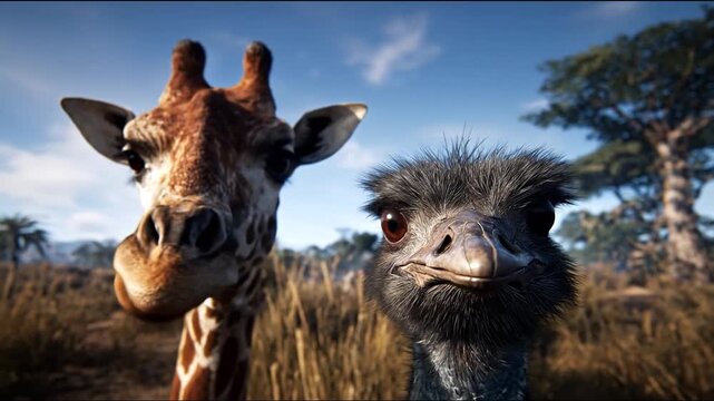 Close up of giraffe and emu with sunlight and natural background