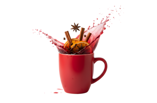 a dash of mulled wine, pouring into a red mug filled with cinnamon, cloves, dried orange, and anise against a plain white background

