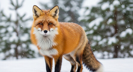 Obraz premium Majestic red fox stands alert in a snowy winter forest, snowflakes gently falling, capturing wild nature's quiet beauty and resilience.