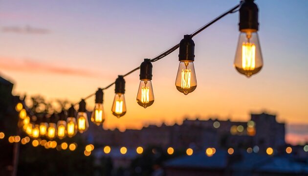 A string of illuminated bulbs hangs against a sunset sky with a blurred cityscape in the background, creating a warm, inviting scene