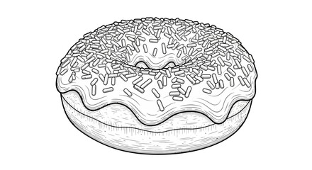 A detailed line drawing of a donut with icing and sprinkles, isolated on a white background.