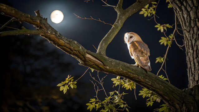 Barn owl perched on tree branch moonlight