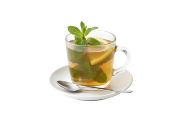 A glass filled with fresh mint tea on a white surface
