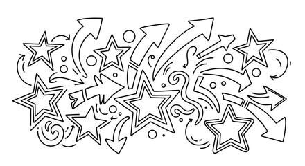 A black and white doodle illustration featuring stars, arrows, swirls, and circles in a chaotic yet organized arrangement.