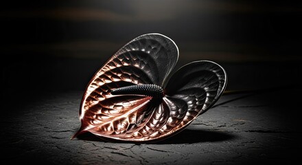 Fototapeta premium Elegant Anthurium Flower in Dark and Gold Tones Under Dramatic Lighting Arrangement