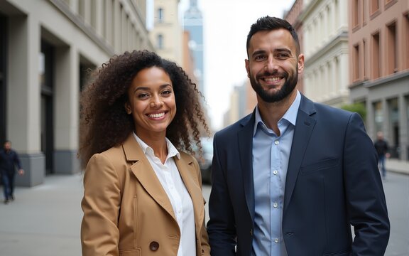 Vertical portrait of young happy professional corporate office team of two diverse confident female and male partners business people man and woman standing outdoors on city street looking at camera.