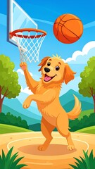 A happy golden retriever plays basketball outdoors, aiming for a clear backboard hoop on a sunny day