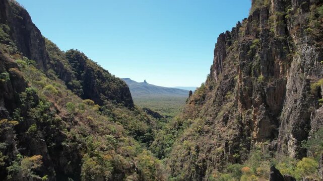 canyons and valley Guardian waterfall, Vao do Moleque community in Chapada dos Veadeiros, blue water, sunny day, incredible landscape