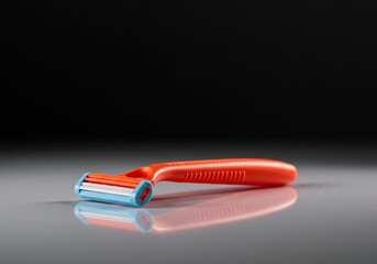 A vibrant depilation razor positioned on a clean, reflective surface, emphasizing its sleek form and effectiveness for smooth skin ,steel ,fresh ,preparation