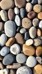 A pleasing array of smoothed river stones in varying shades of brown, grey, beige, and white filling the frame