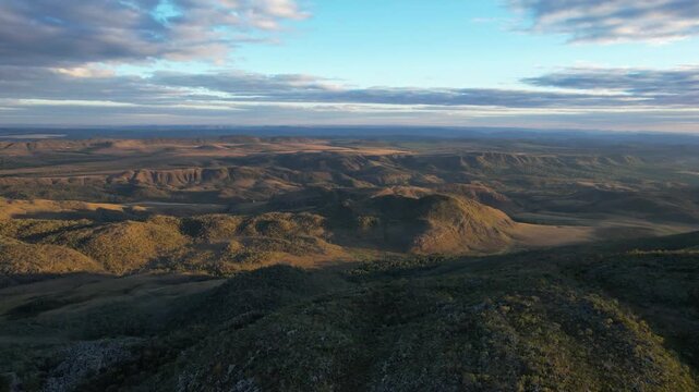 drone view Maytrea Garden and Morro da Baleia, panoramic aerial Jardim de Maytrea, green fields, mountains, sunset, Chapada dos Veadeiros, Goi&aacute;s, Alto Para&iacute;so