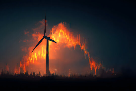 Wind Turbine and Declining Market Graph Symbolizing Environmental Crisis and Economic Downturn