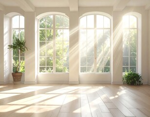 Obraz premium A sunlit interior showcases large arched windows, streaming light across a wooden floor. Plants adorn the space, enhancing the bright, airy atmosphere