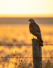 A hawk sits atop a weathered wooden post at sunset, overlooking a golden field and a barbed wire fence