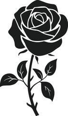 Black vector silhouette of a rose with stem and leaves on a white background