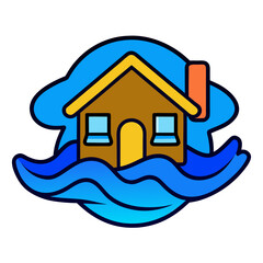 A flooded house in water as climate disaster illustration