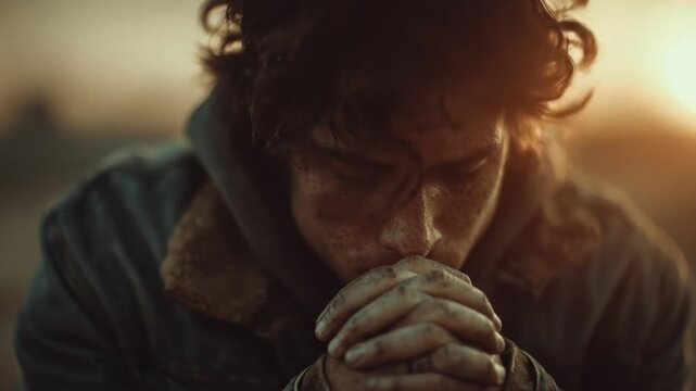 A person with closed eyes, hands clasped together, looking down, in a dusty, warm-lit outdoor setting