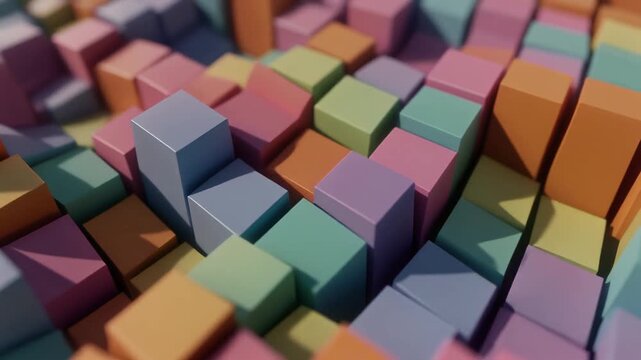 Abstract 3D geometric pattern of pastel colored cubes with a soft focus effect creating a playful and visually engaging background