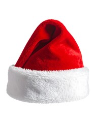 A plush red Santa hat with white trim is softly lit against a white background, evoking a festive holiday spirit