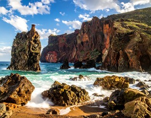 Coastal view featuring cliffs, waves, rocks, and a clear blue sky
