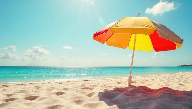 Vibrant beach umbrella providing shade on a sunny day, casting a cool shadow on the warm sand Perfect for summer vacation imagery, travel, relaxation, and leisure themes , outdoor, beach, warmth