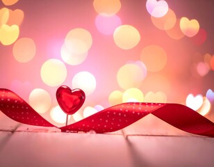 A heart-shaped candy atop a dotted ribbon, set against a dreamy, bokeh-filled pink and gold background