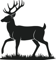 Black silhouette of a stag deer with large antlers walking on grass